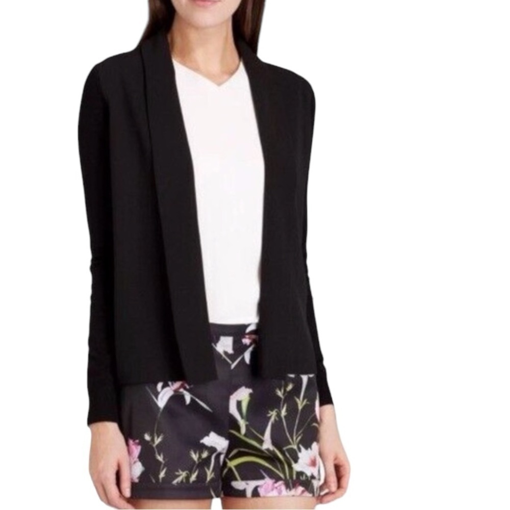 TED BAKER Faiyly Open Front Mixed Woven - Knit Cardigan in Black
